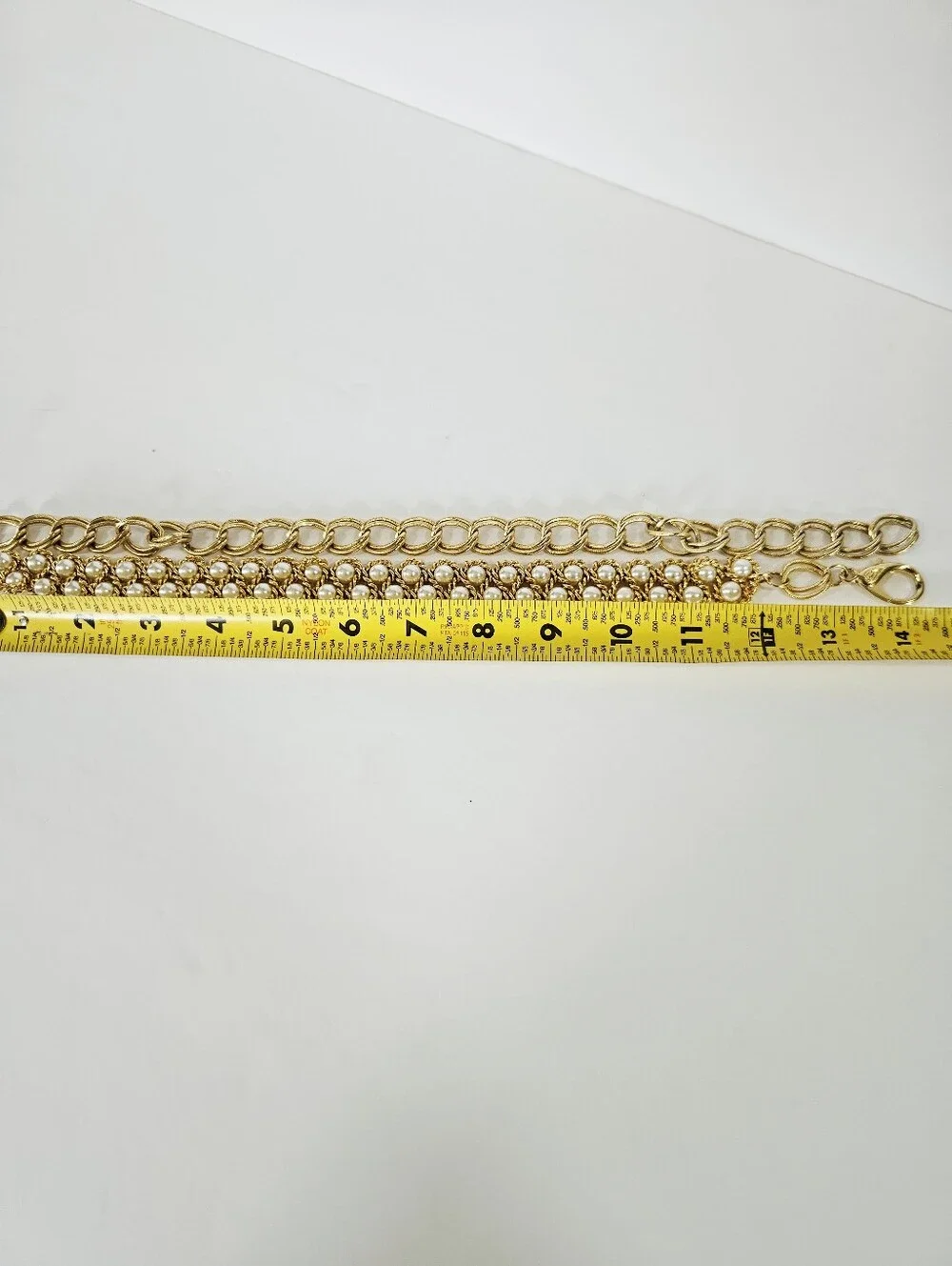 Vintage Gold Tone Double Row Faux Pearl Textured Twist Chain Linked Metal Belt